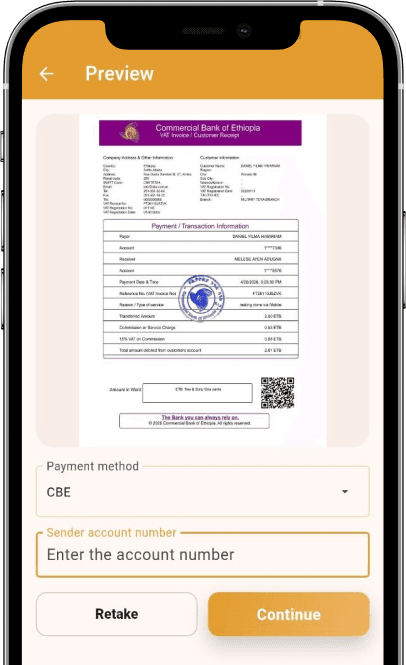 TinaVerify app preview showing a scanned bank receipt ready for verification